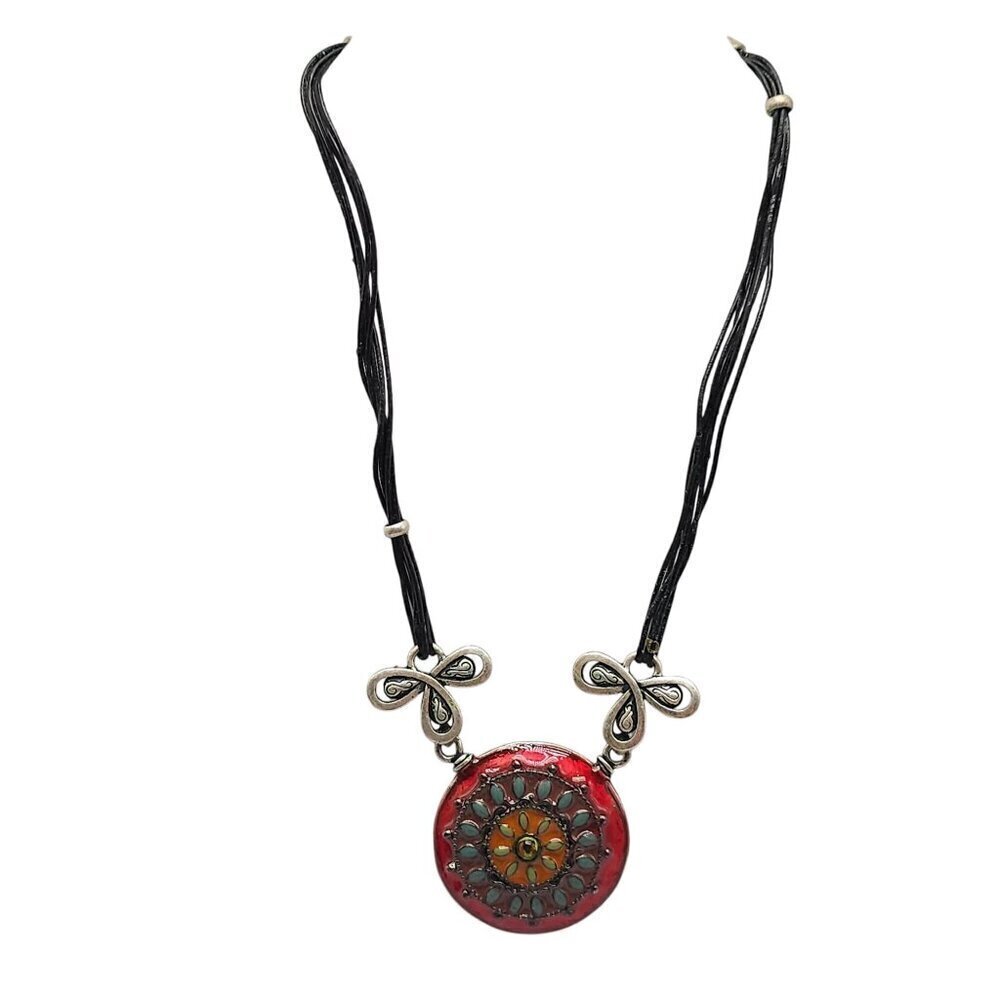 Chicos Multicolor Enamel Medallion Pendant Necklace With Black Cord BoHo